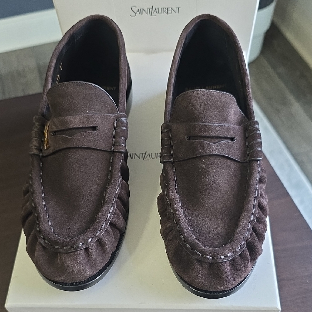 Saint Laurent Brown Suede Penny Loafers with Gold YSL Accent - Picture 2 of 13